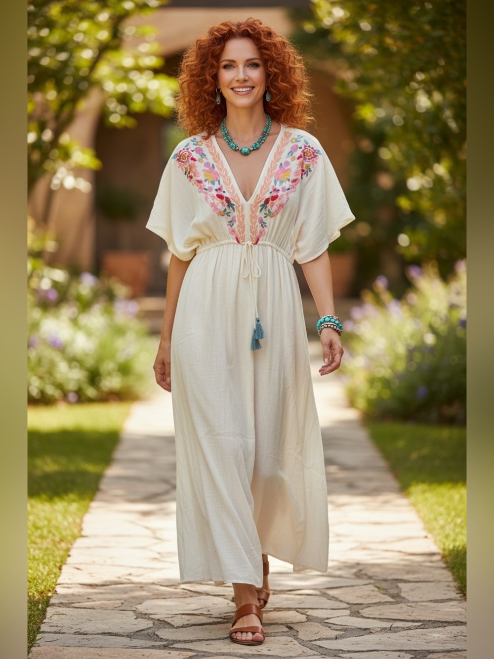 World Market Mira Ivory Peach/Pink Embroidered Bohemian Maxi Kaftan S/M